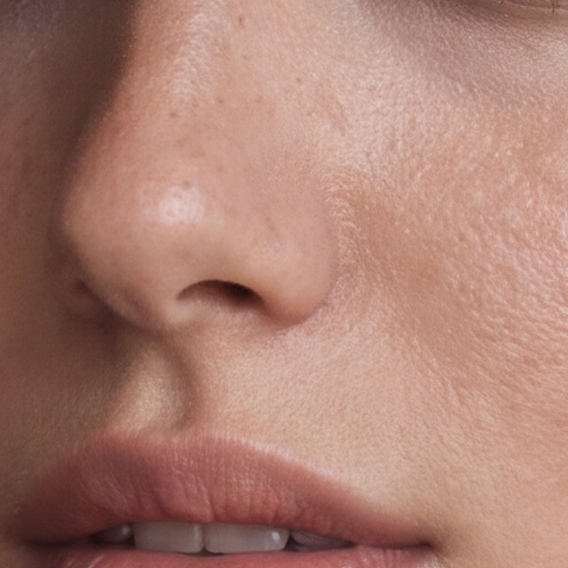 The same portrait at 100%: pores and freckles on the cheek and nose